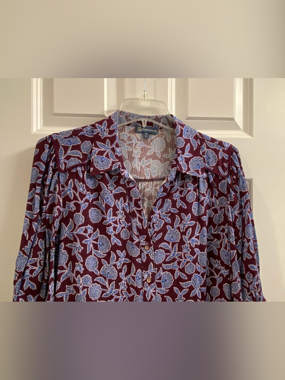 NWT Women's Democracy Medium Button Up Shirt Blouse Burgundy Blue 3/4 Sleeve Top - Picture 2 of 10